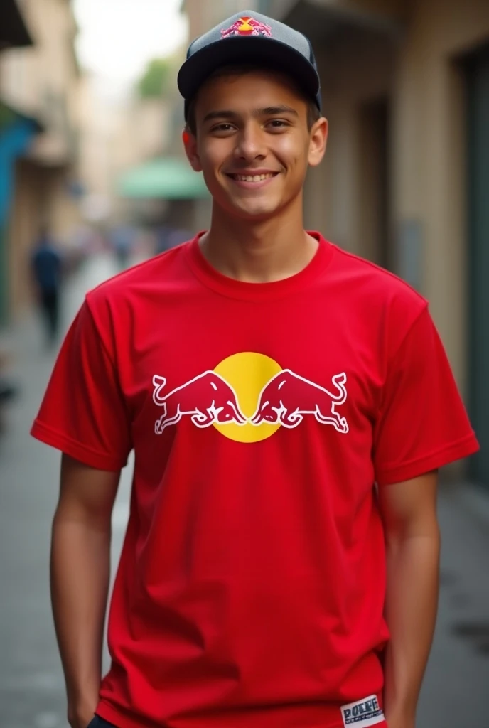 Young man wearing a Redbull shirt and wearing a hat 