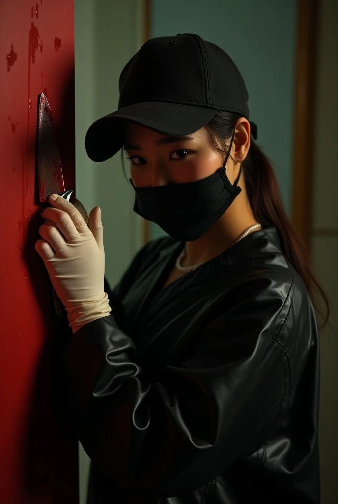 korean beautiful girl, (behind stiff, black surgical mask), bloody knife, stabbing, white latex gloves, bloody room, bloody black raincoat, foodie, trucker hat, holding knife, living room, latex gloves, hidden, blood splatter, low ponytail, black wet suit,...