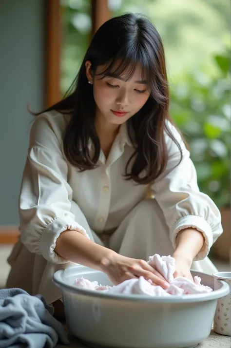 Full details, High definition, Realistic, Laundry review, Korean Japanese Arabas girl, Demonstrating the use of stain remover by washing clothes in a basin, Using hands to rub clothes in a basin, Sitting on the floor of the back porch, Atmosphere of filmin...