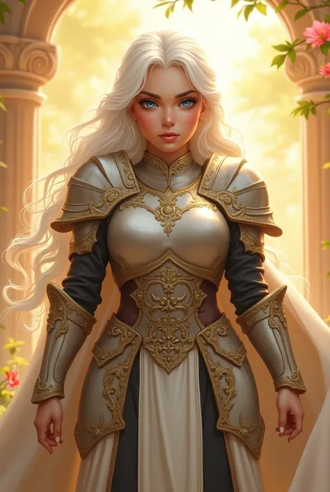  illustration of a beautiful female chubby cleric, just,  voluminous white hair , dark eyebrows,  angelic appearance , das Tragen einer leichten Rüstung ,detailedeyes, bright blue eyes, rpg, d&d,  soft lighting, powerful pose , realistic, details Intricate...