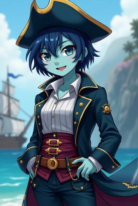 An adult blue-skinned, black-haired, short-haired human fish wearing anime-style pirate clothing