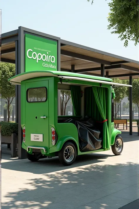  Green cycle with all its passenger accessories model ON BICYCLE with green curtains on the sides and roof, waterproof black tarp parked at one stop and at the stop a large sign that says COOPERATIVA CICLO MARA...
Parked in a wax in a square  
