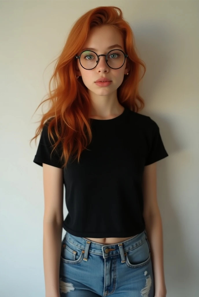 A 17-year-old girl, long red hair, high, with round glasses, She was wearing a black top and denim shorts.