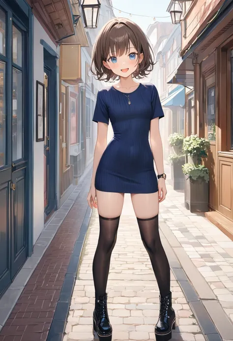 full body、masterpiece, Best Quality,  very detailed, Thin legs、 beautiful details, Depth, Fine texture, Fine skin,  very cute girl、Alone、Happy smile、blush, open mouth、Deep blue eyes, Brown Hair, (Navy Blue, Short sleeve, Knitted tight dress)，(Black Boots)、...