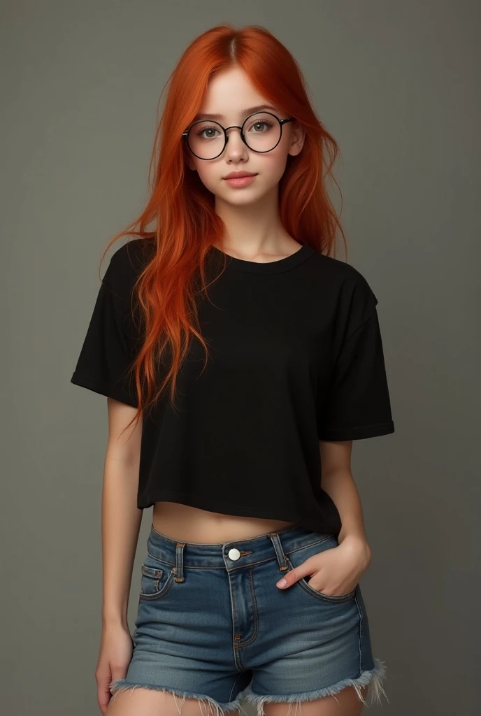 A 17-year-old girl, long red hair, high, with round glasses, She was wearing a short black shirt and denim shorts.