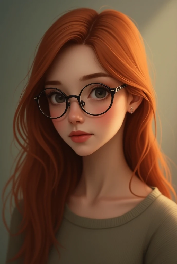 A 17-year-old girl, long red hair, high, with round glasses.