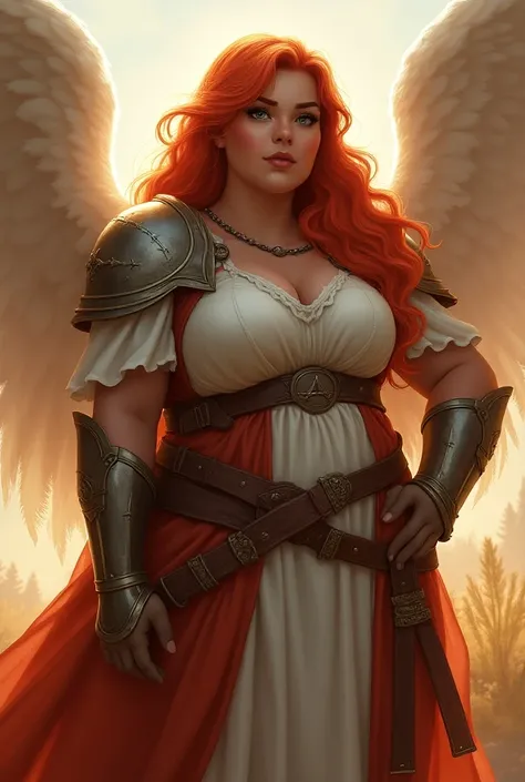  illustration of a beautiful female chubby cleric, just, voluminous red hair, dark eyebrows,  angelic appearance ,  wearing light armor  ,detailedeyes, bright blue eyes, rpg, d&d,  soft lighting, powerful pose , realistic, details Intricate, warm colors, H...