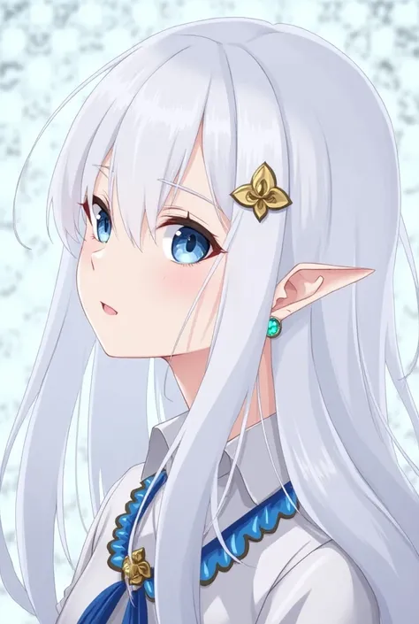 solo, 1girl, blue_eyes, long_hair, jewelry, earrings, hair_ornament, portrait, white_hair, head_fins, closed_mouth, looking_to_the_side, looking_at_viewer, pointy_ears, upper_body(8K High Resolution), (Ultra High Resolution 3840 x 2160), (Ultimate Subjecti...