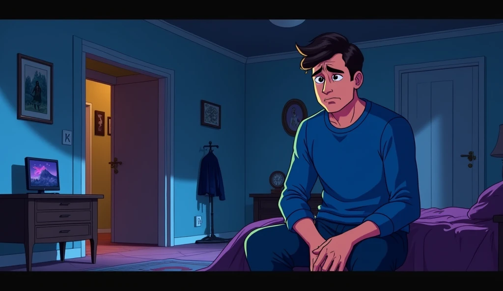 A vibrant, 2D flat animation of a scene set in an old apartment at night. The main character,Man,wearing blue ,looking visibly unsettled, is sitting in bed or on a couch, surrounded by the dimly lit interior. The scene shows subtle details like shadows and...