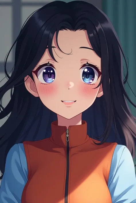 Bright smiling woman with sharp blue and purple eyes, like diamonds, black long hair, wearing a brick orange vest, a light blue shirt, a half-figure anime figure, white skin.