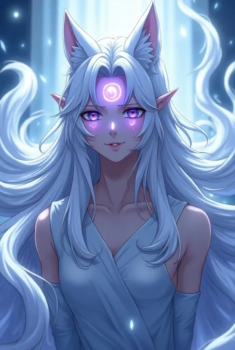 an anime guy, tearful white eyes, pointed nose, heart lips, perfect face proportion, elf ears, white long silky hair, nine tailed white fox, third eye possess a purple magic, his power is ice. make it full body and again his hair is white long silky and do...