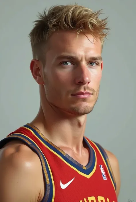 A man in a basketball jersey,  blond hair, blue eyes, detailed facial features, photorealistic, potrait