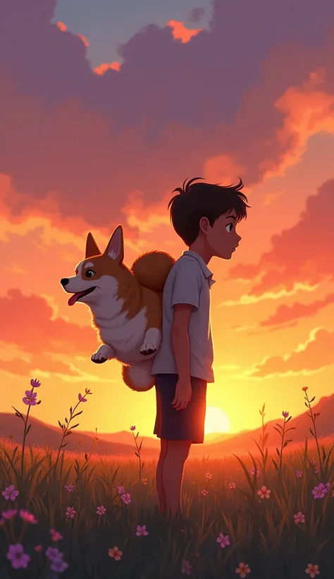 「 in the beautiful sunset 、Picture a scene where a boy is carrying a corgi on his back 。 holding a dogs butt with both hands。The boy is looking at the sunset 、 the corgi looks happy 。 The background has an orange and purple gradation of the sky, and 、 The ...