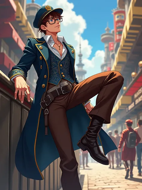 Anime-style masterpiece, with detailed strokes and vibrant colors. | A brown-haired man, with a fun and confident look, wears Juliet glasses and a dark blue cap. He is dressed in a Mandrake costume, consisting of brown leather pants, a white shirt with an ...