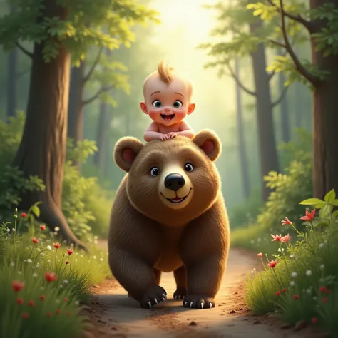 A realstic baby is sitting on the back of a bear, traveling through the forest path with a cheerful smile on his face.