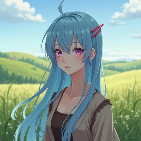 Light blue hair２０Year-old girl、 and the back has long hair、The nape is also long 、 2 Red Hairpins 、 is a prairie in the background、Purple Pink Eyes 、 Brown Fantasy Clothes