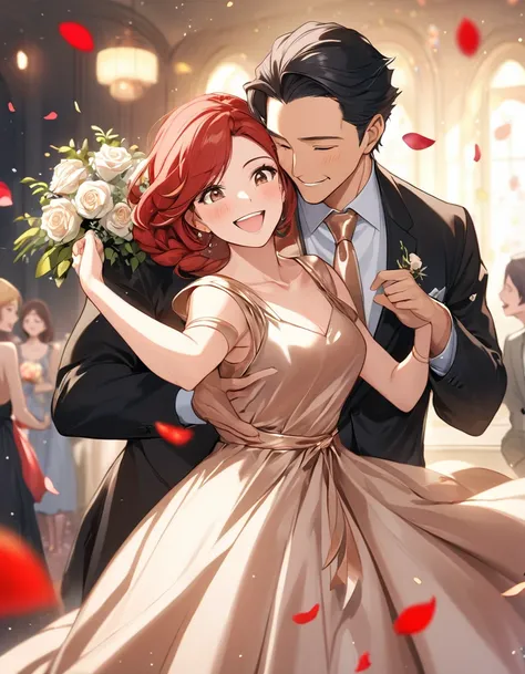 a couple, both 40 years , Mature Appearance, in anime style, dancing together at a romantic party.  The man has a rounder face , adult, pele morena, short black hair, seeds, combed back, no beard,  slightly taller than the woman ,  and is wearing an elegan...