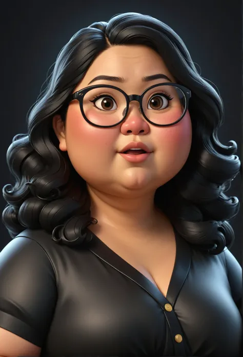 cartoon, 3d, Pixar style, Asian fat woman, 4, black wavy shoulder length wet hair, thick lips, light black eyes, wearing black round glasses, fat nose, black blouse neckline, dark background, friendly face,