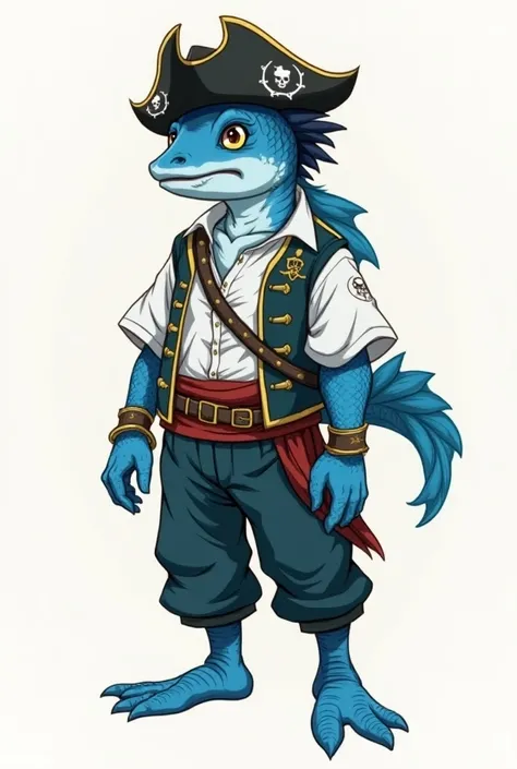 A blue-skinned young adult fish man with short black hair wearing pirate clothing in anime style 