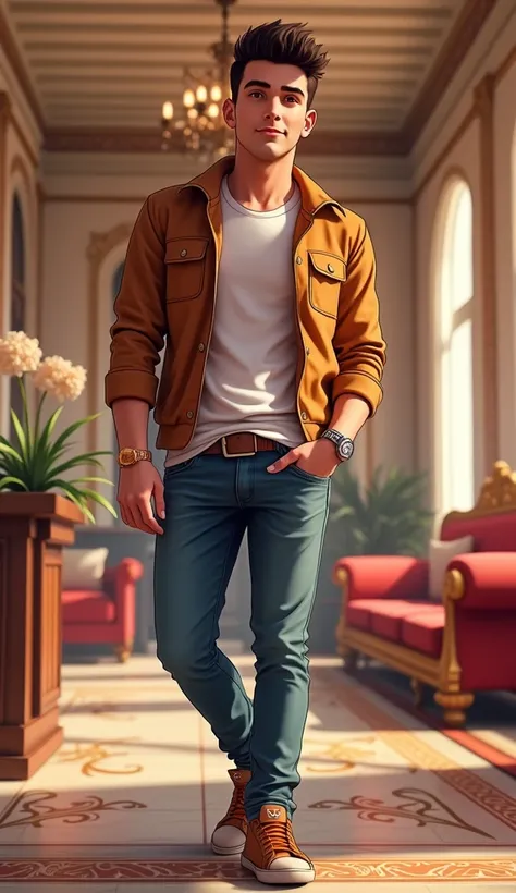 Create an animated-style image of a handsome man 28 yo, casually dressed. He appears relaxed. The background is the same hotel lobby, keeping consistency in the scene. 4K Hd quality