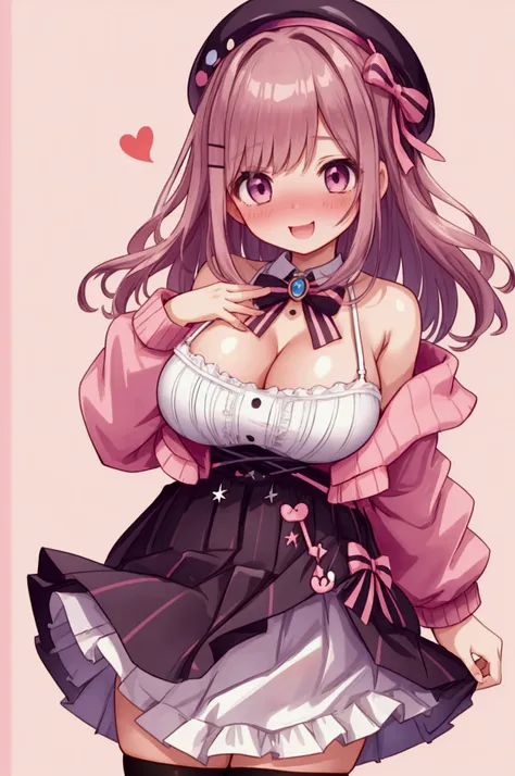 girl,lulu suzuhara、beret、smile、embarrassed、large breasts、skirt lift、pink panties,black tights、 high resolution ,high image quali...