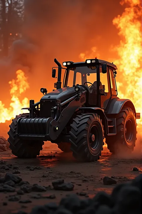 Black backhoe loader in a fire