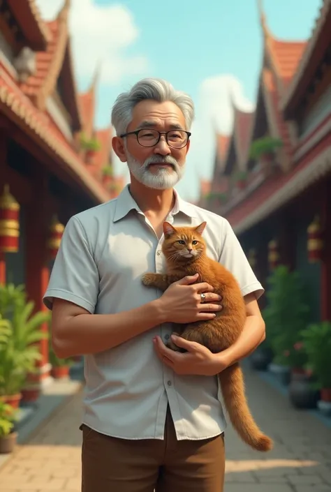 Create a realistic image of a middle-aged man wearing glasses, a beard, wearing a white shirt, brown pants, carrying a furry brown cat, standing in front of several Thai houses.