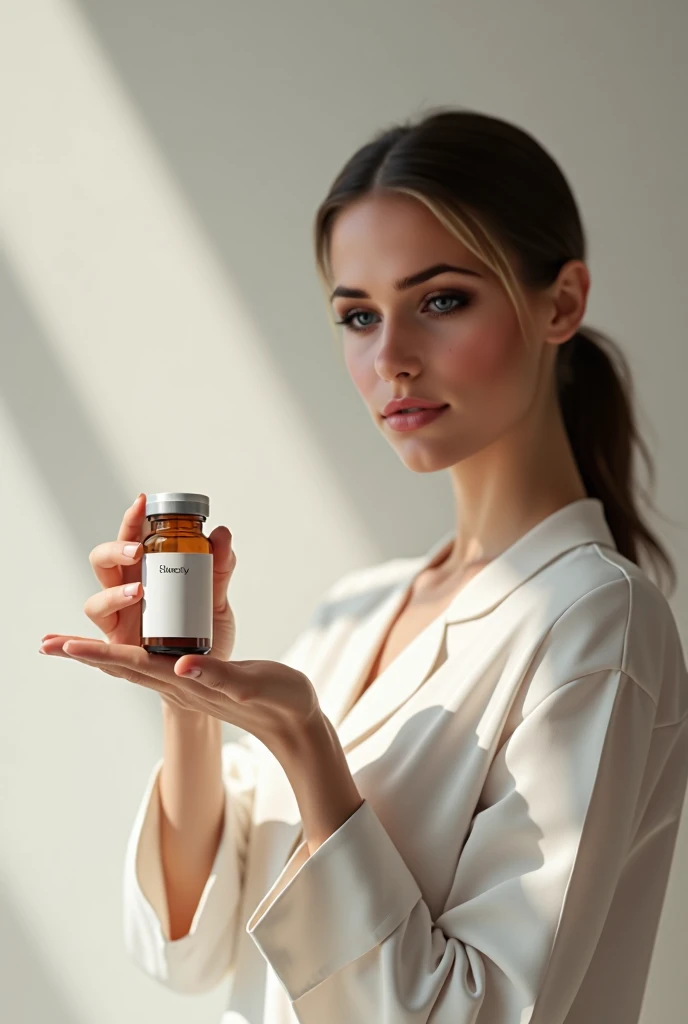 I want you to place this product in the hand of this model holding this medicine bottle an advertisement that I am going to make I created with Ultra image 8k details 