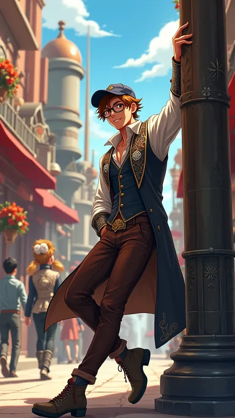 Anime-style masterpiece, with detailed strokes and vibrant colors. | A brown-haired man, with a fun and confident look, wears Juliet glasses and a dark blue cap. He is dressed in a Mandrake costume, consisting of brown leather pants, a white shirt with an ...