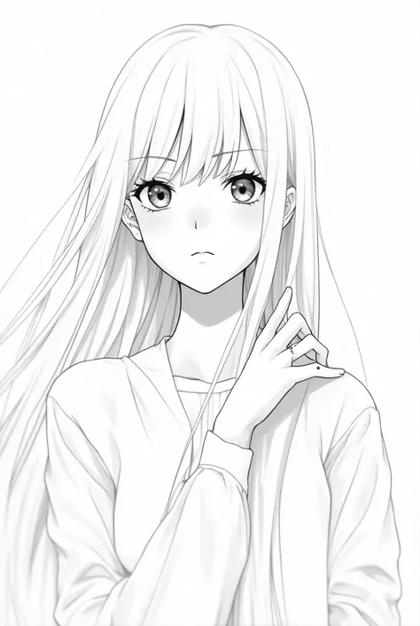  An anime girl in black and white manga style, long white hair,with a visible wedding ring  