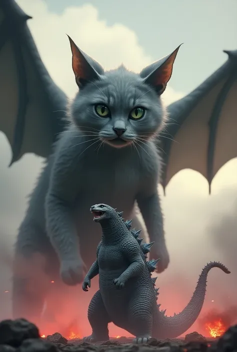 Image Description: The Giant Gray Cat

In the image, the giant gray cat with wings hovers majestically in the air, its large, expressive green eyes focused intently on the battlefield below. Its face is soft and rounded, with a small triangular nose and pr...