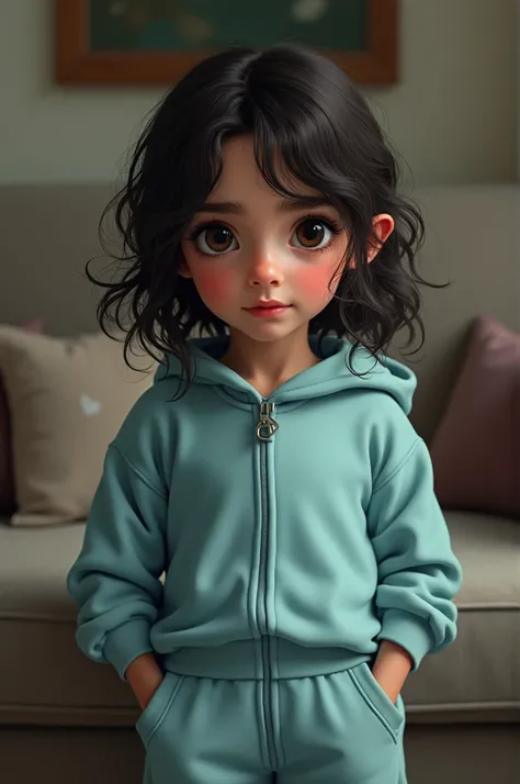   Syrian girl with frizzy longer dark hair and dark eyes. She is standing at the couch wearing a light blue sweatsuit  