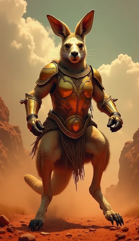 Picture a fearless kangaroo warrior, its strong legs and fists armored with bronze. The kangaroo leaps high into the air, its armor reflecting the red and gold of the outback, always ready for a fight.










