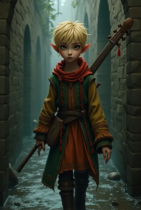 medival setting , fantasy, Sewer, a blond-haired teenage elf ,  with a pensive air and colorful clothes, and a lute behind his back ,  has a fearful attitude 