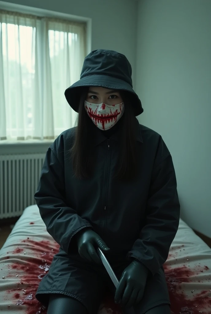 korean beautiful girl, (behind stiff, bloody surgical mask), holding knife, stabbing, black gloves, white room, black raincoat, looking at viewer, black wet suit, bucket hat, holding knife, black gloves, woman on top, behind cadaver, blood splatter, bed ro...