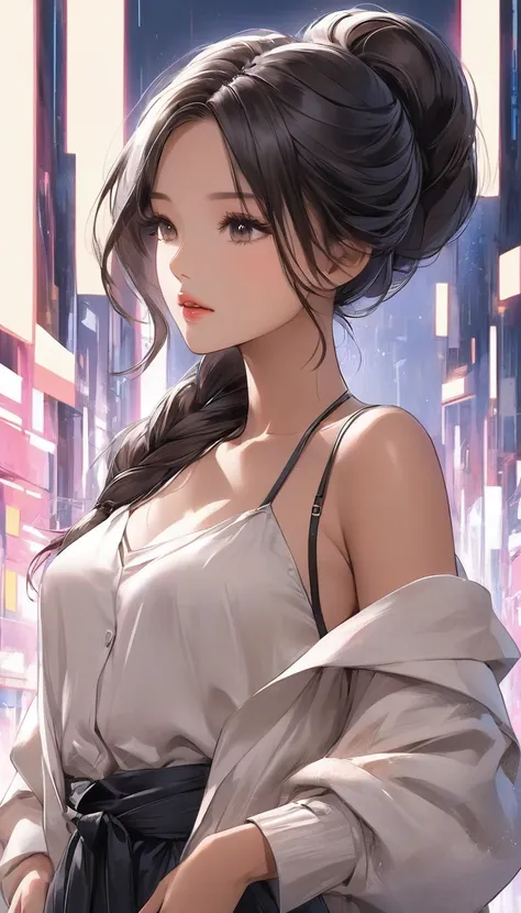 A waist-up view of a semi-realistic anime-style woman, aged 25, with long, sleek dark hair styled in a half-up half-down fashion. The upper part of her hair is neatly tied back, while the rest flows gracefully over her shoulders. She has warm tan skin with...