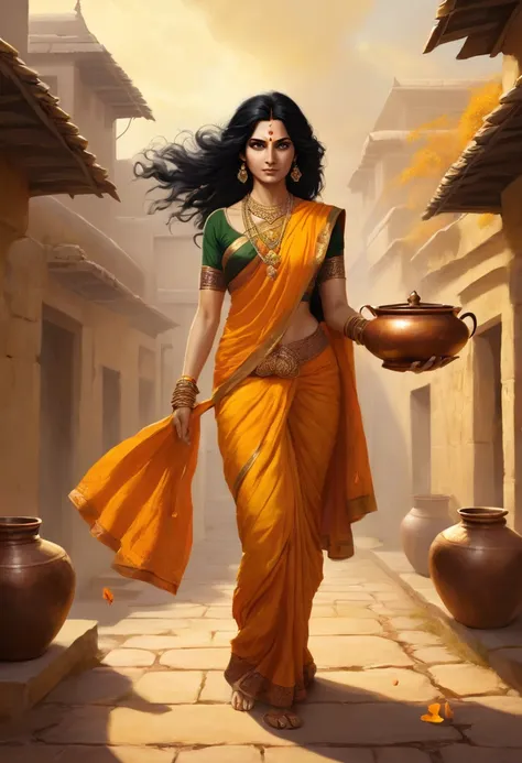 mythology a women (59 year with black) hair having pot walking wearing saffron sarree, epic fantasy   art