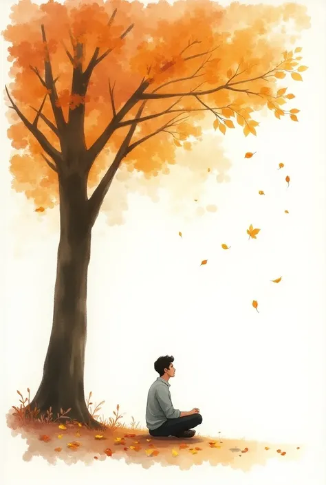 A man is sitting quietly under a tree. Some leaves are falling from the tree to the ground The color of the leaves of the tree is dark saffron. Water painting. There should be a white canvas in the background.