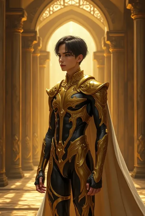 (anime style:1.8), (((1boy))), (androgynous young beautiful pretty) (slim skinny slender) mature (idol_boy), (cha_eunwoo:1.5), (warhammer_40k_emperor:1.8) boy in (skintight golden warhammer_40k_emperor_outfit with warhammer_40k_emperor_crown:1.6) is standi...