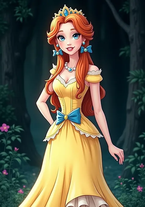 score_9, score_8_up, score_7_up, score_6_up, score_5_up,Princess anastasia, 1girl, orange hair, solo, blue eyes, long hair,ball gown dress, bow, forest