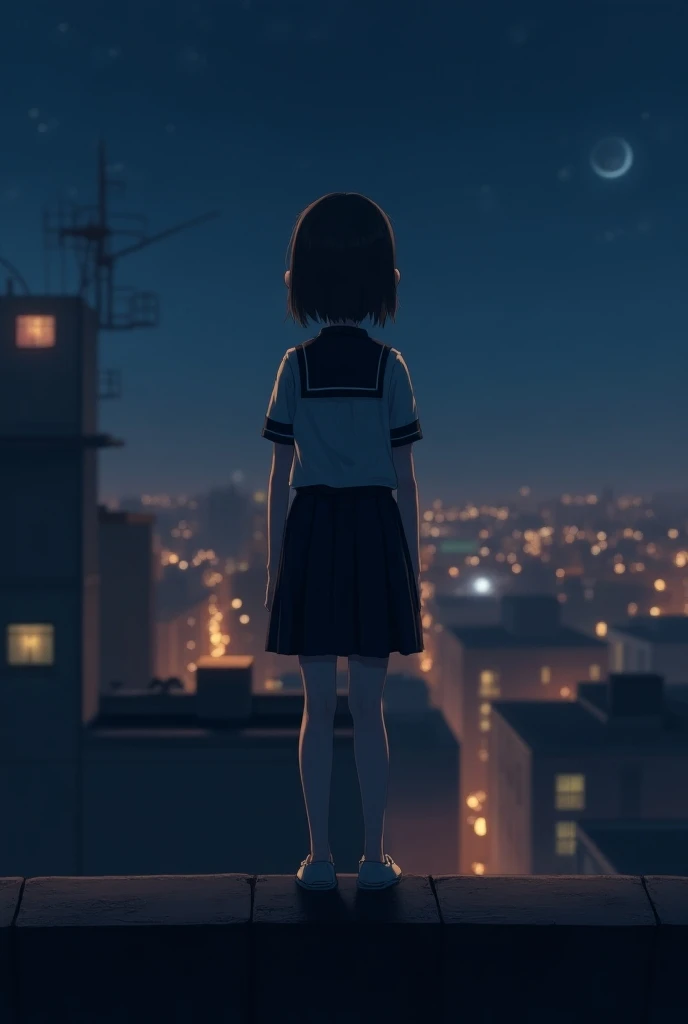 In the night..there is building lights..a girl wearing school dress standing in the rooftop.. showing her back ..