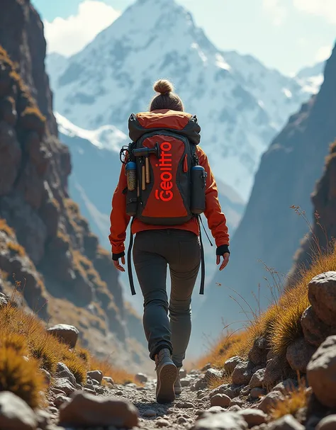 A female geologist walking through the Peruvian Andes with all her tools in her backpack, Your backpack has a word called Geolithos in red