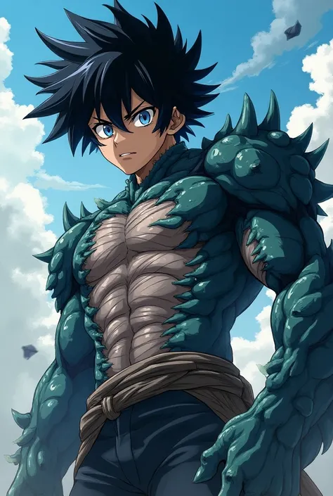 Seventeen-year-old anime boy with black hair with blue tips, gray eyes, a marked and muscular physique, most of his body transforms into his form Kaijin an organic shell on most of his body, sharp claws, bandages on his arms and chest that moves with the w...