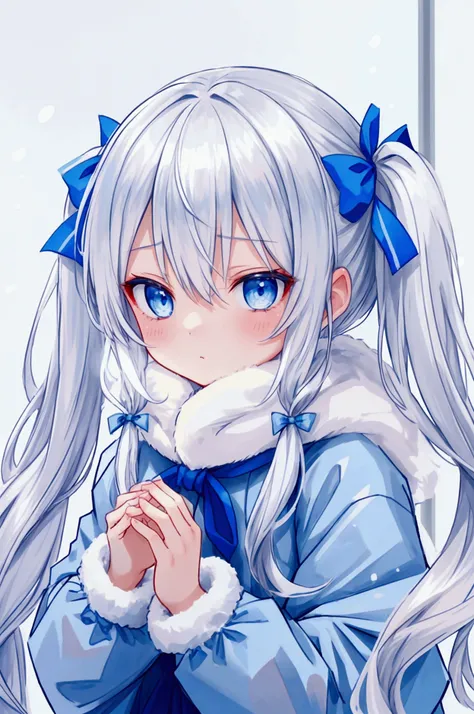 Girl、Silver Hair、 twin tails、Blue Eyes、Expressionless、ロシアの防Cold具、Light blue coat、fur、Snow Scene、Snowstorm、Cold々Shii