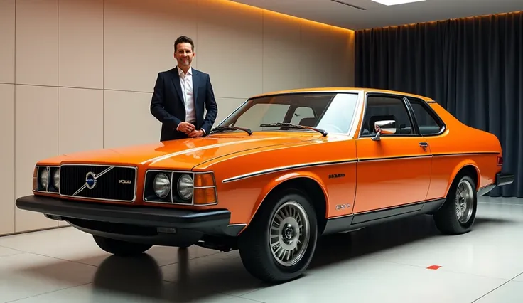 Next-Gen Volvo S90 1970 hd full attractive at showroom stage Orange Color full front side v view stand with happy man