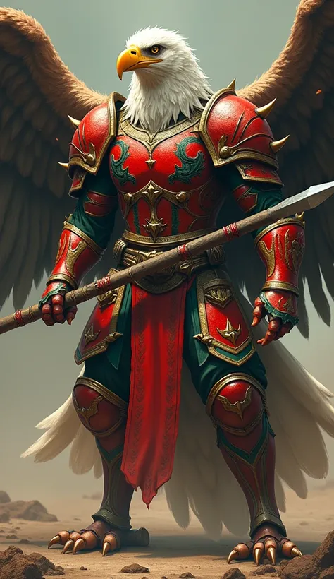 Imagine a bold eagle warrior in bright red and green armor. With sharp talons and a beak that gleams, the eagle holds a spear, its wings spread wide, ready to protect its territory with fierce pride.















