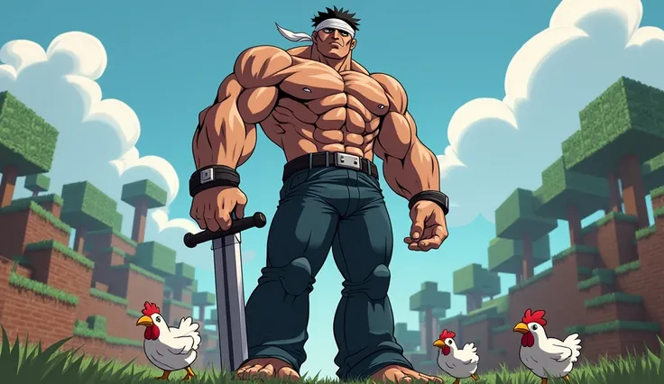 Muscular jotaro Kujo in white bandana stuck in Minecraft holding a sword and square chickens in the background 