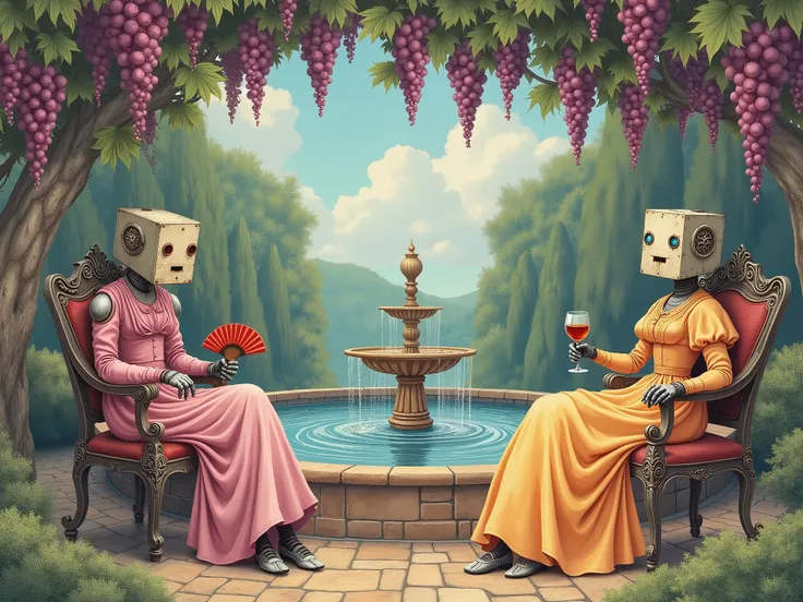 Illustration by the artist Kinuko Y. Craft, drawing with pastel pencils, romantic robots in antique outfits of noble ladies relaxing in a magical fantasy garden by a fountain under a canopy of wild grapes, old robots behave like noble ladies with fans and ...