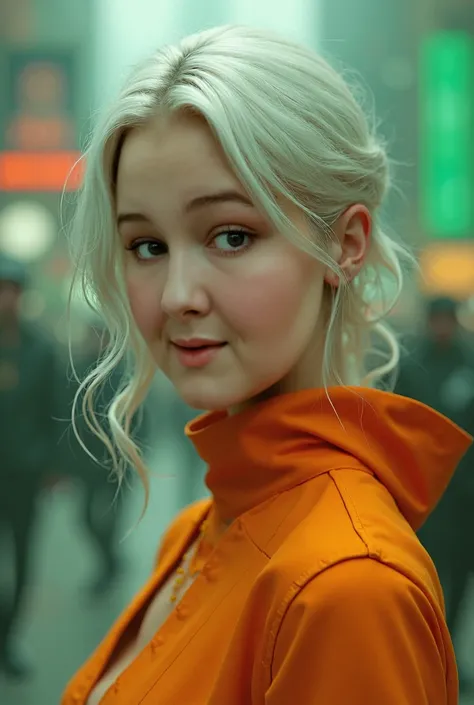 1 woman, hyperrealistic,  High quality, beautiful, elegant, white hair, freckles on the cheeks, green eyes,        in futuristic orange clothes , and a busy street ,         with green background colors ,  with a clock in the background ,             looki...