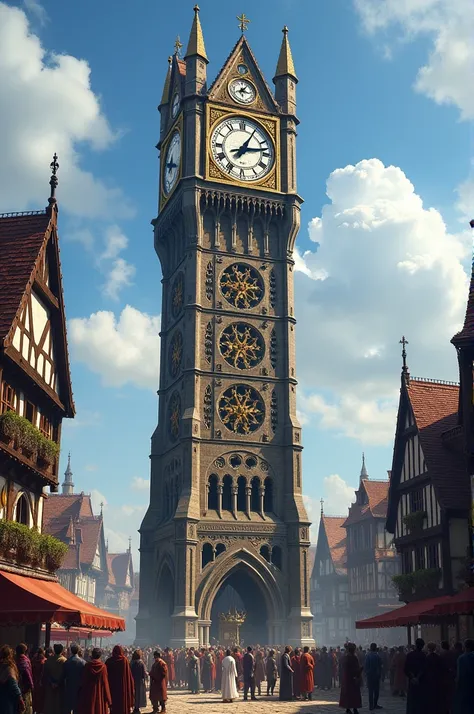 Medieval Mechanical Clock: A medieval town square showcasing a large mechanical clock tower, with townsfolk looking up at it in awe.